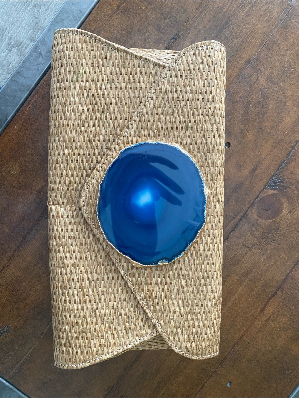 WIMBERLY….Woven Straw Clutch with Blue Agate Accent….Excellent Condition